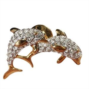 Swarovski Crystal Double Dolphin Gold Tone Brooch